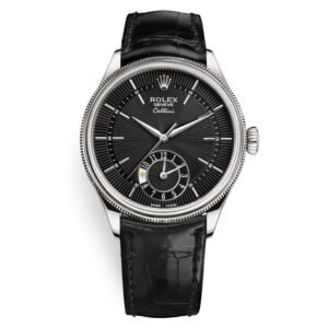 Rolex Cellini 50529 Black Dial Leather Strap Dual Time 39mm Watch