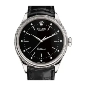 Rolex Cellini 50509 Black Diamond Dial Leather Strap Time 39mm Watch