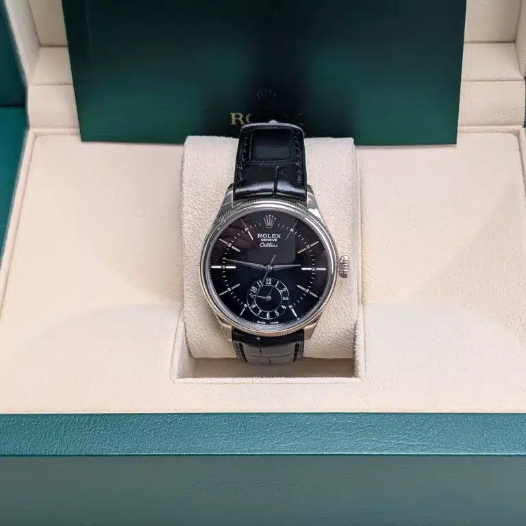 Rolex Cellini 50529 Black Dial Leather Strap Dual Time 39mm Watch - Image 6