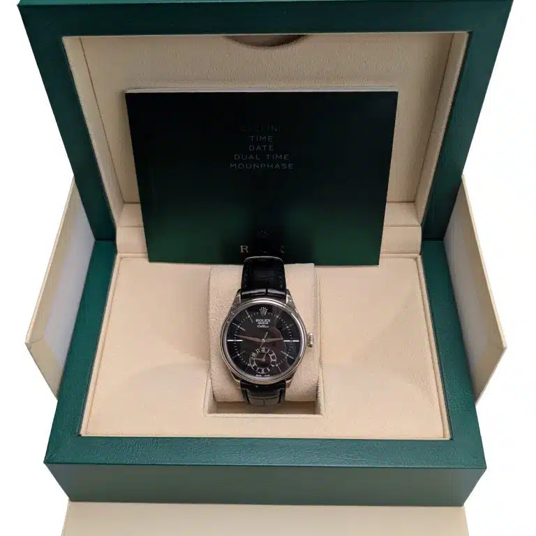 Rolex Cellini 50529 Black Dial Leather Strap Dual Time 39mm Watch - Image 3