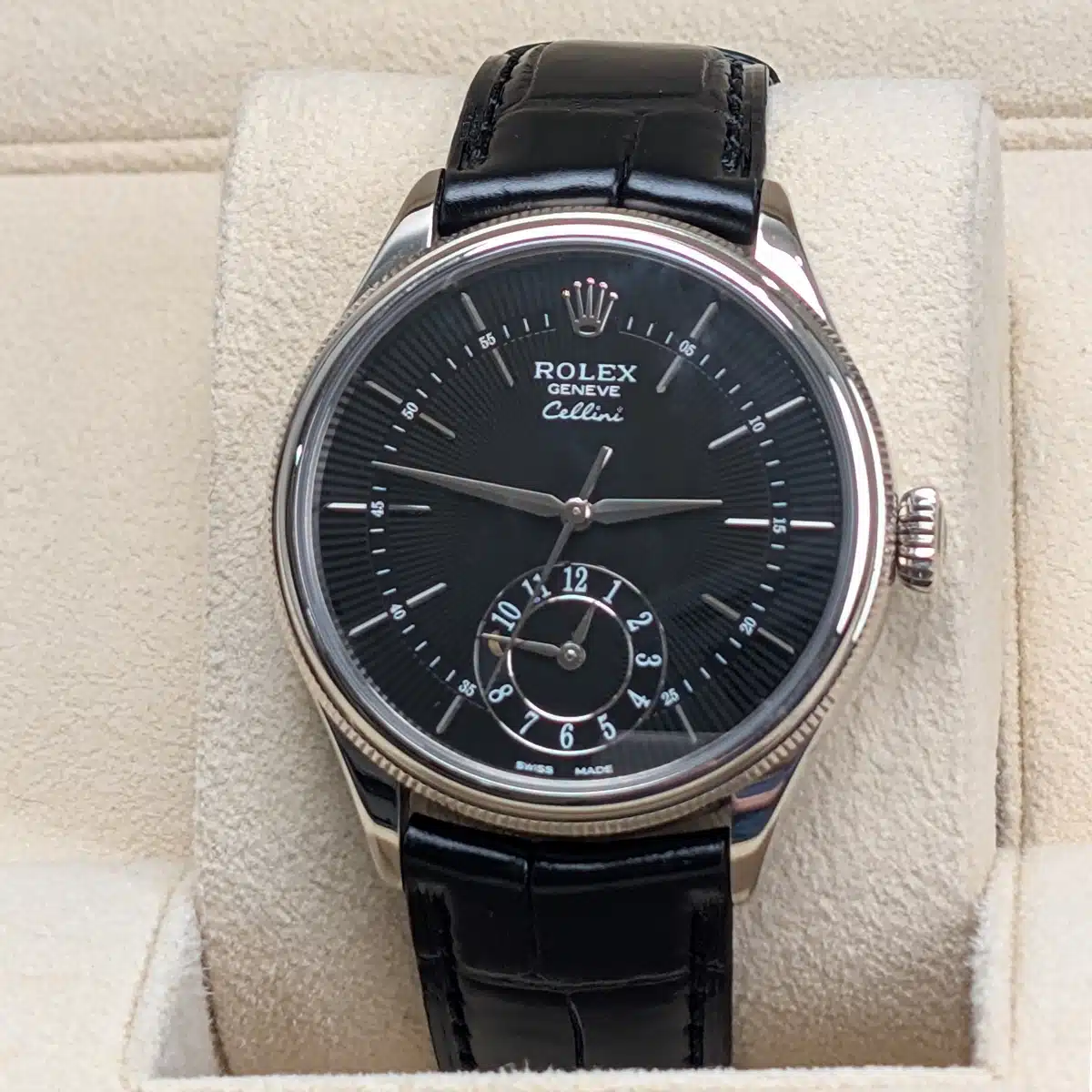 Rolex Cellini 50529 Black Dial Leather Strap Dual Time 39mm Watch - Image 7